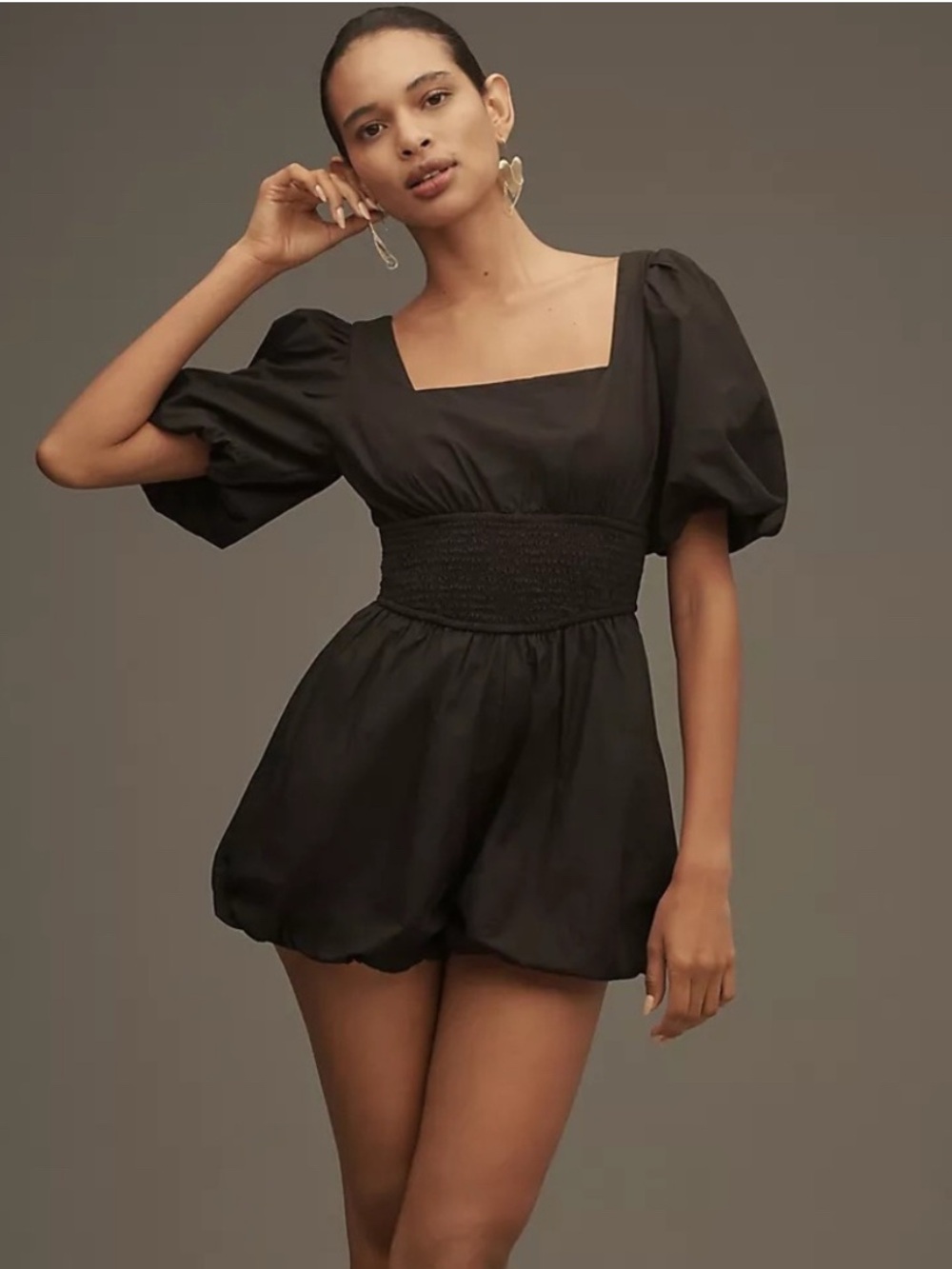 Anthropologie Maeve Black Puff Sleeve Smocked Waist Romper